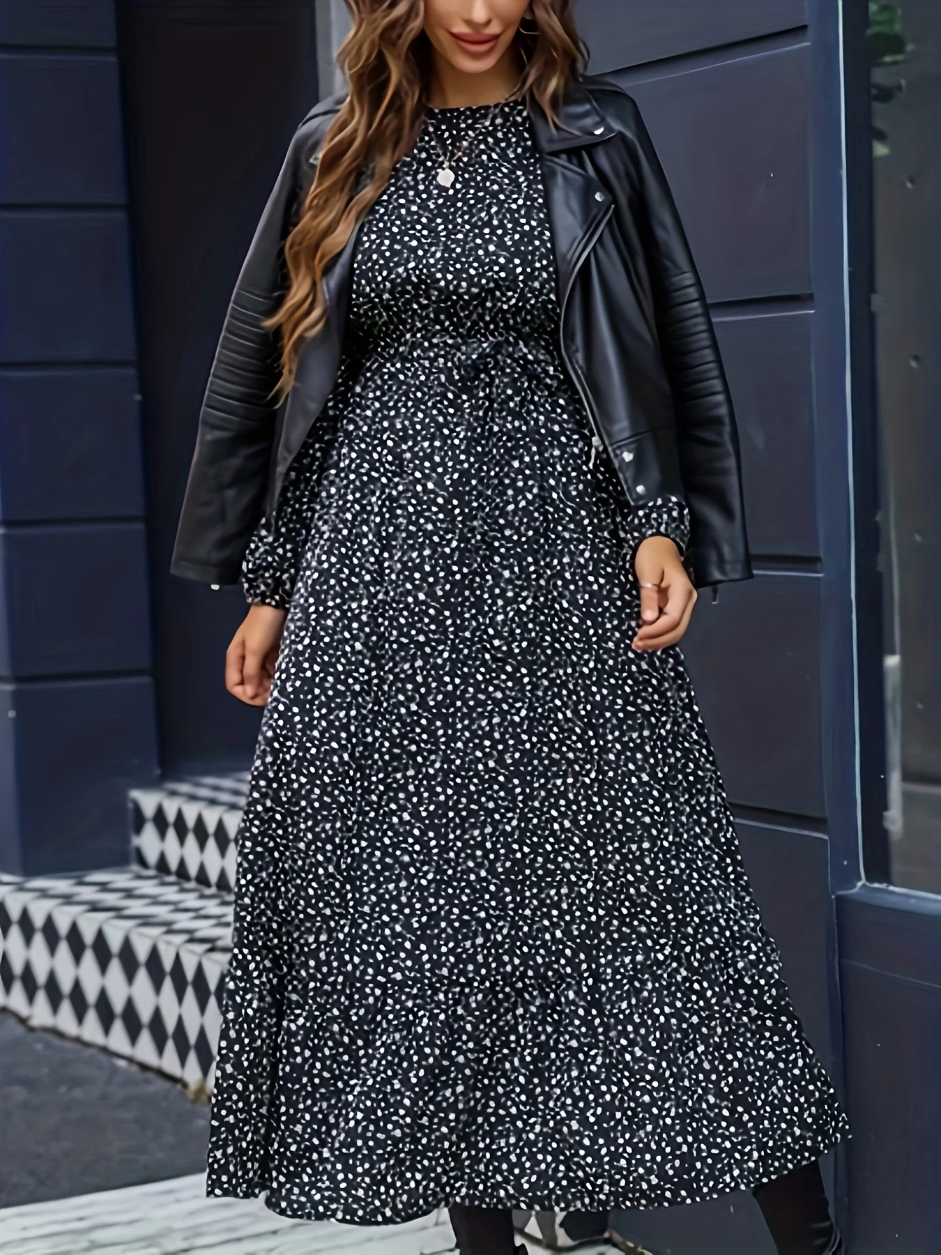 deanwangkt-1  Floral Print Crew Neck Dress, Elegant Long Sleeve Midi Dress, Women's Clothing - Deanwangkt