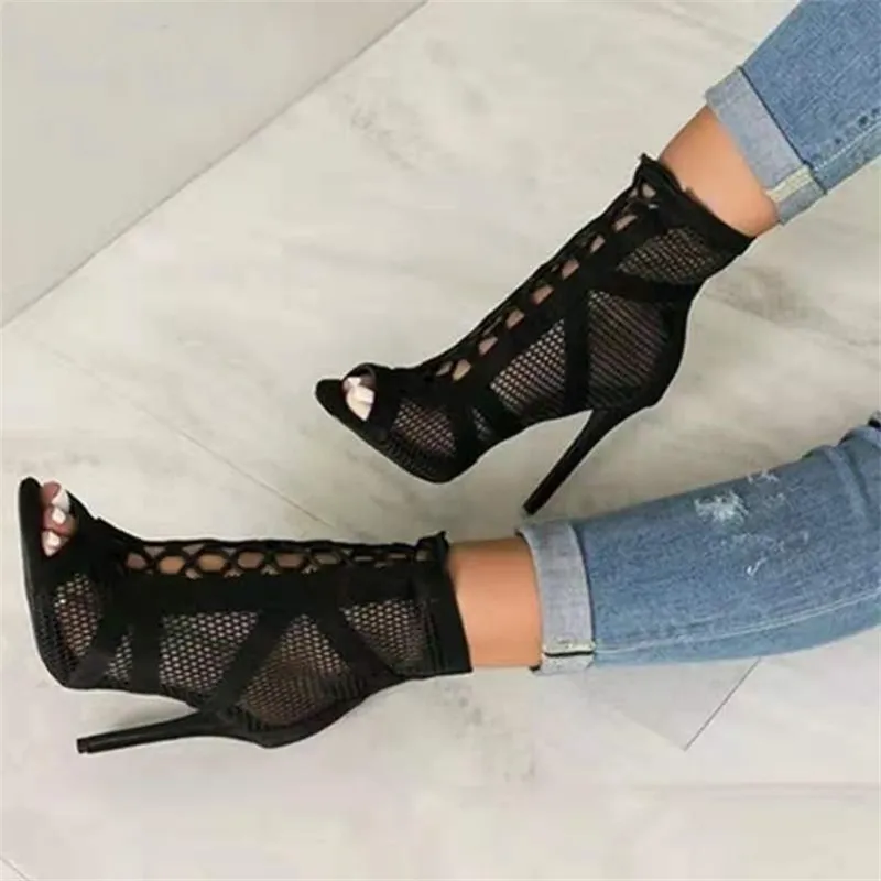 deanwangkt New Fashion Show Black Net Fabric Cross Strap Sexy High Heel Sandals Woman Shoes Pumps Lace-up Peep Toe Sandals Casual Mesh - Deanwangkt