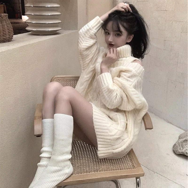 deanwangkt Autumn Winter Korean Style Women Turtleneck Knitted Sweaters Fashion Wild Knitwear Outwear Female Sexy Off Shoulder Pullovers - Deanwangkt