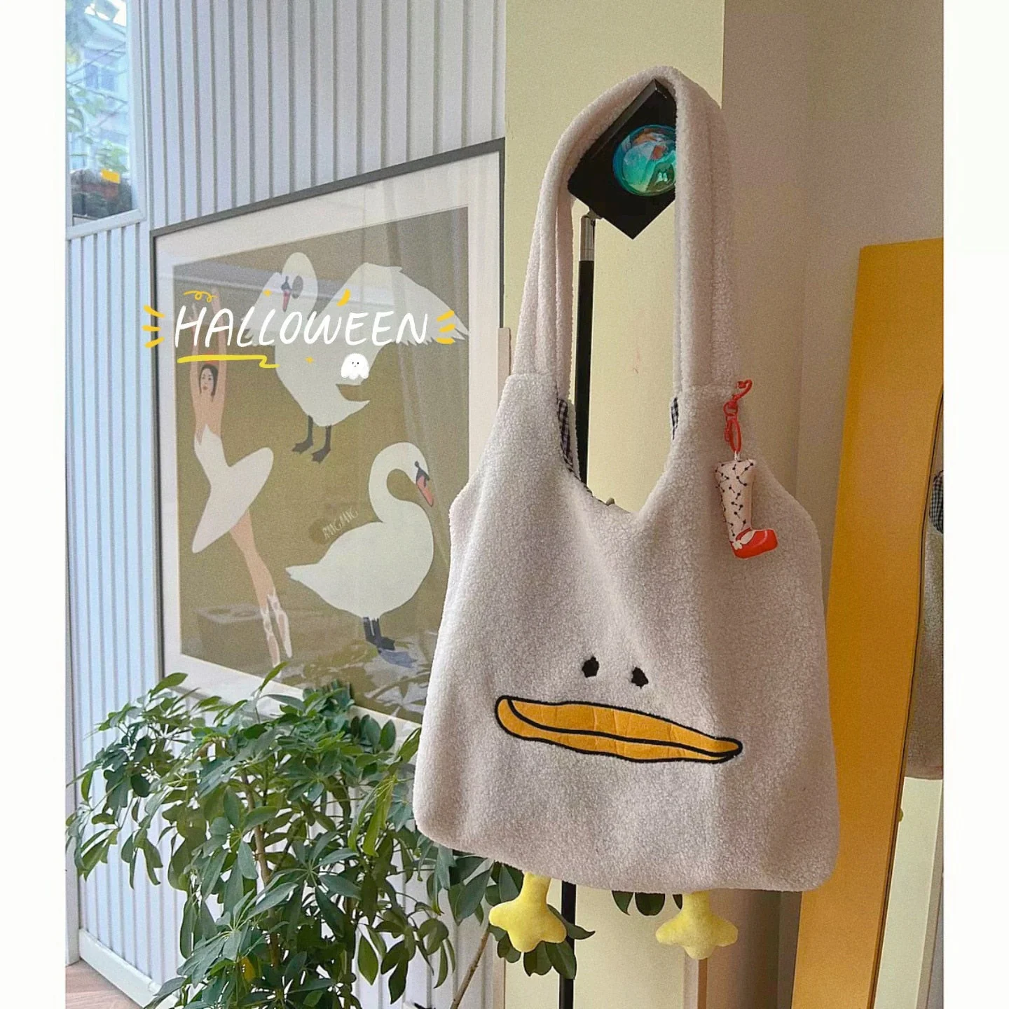deanwangkt Kawaii Tote Bag Women Cartoon Duck Embroidery Plush Handbags and Purses Soft Imitation Lamb Hair Shoulder Bag For Women Bolsas - Deanwangkt