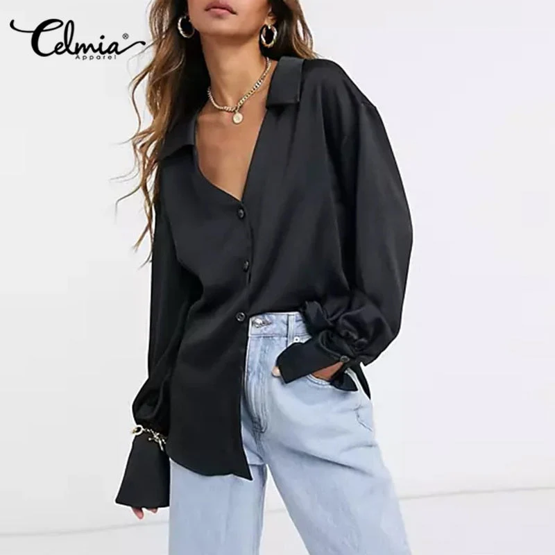 Women Satin Elegant Shirts  Fashion Long Sleeve Solid Tops Autumn Ladies Casual Lapel Collar Button Party Blouses - Deanwangkt