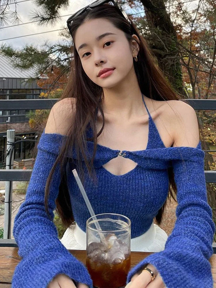Wenkouban Graduation Gifts Y2K Top Women Long Sleeve T-Shirts 2 Piece Tops Halter Tanks Backless Crop Top Off Shoulder Tees Sexy Christmas Clothes - Deanwangkt