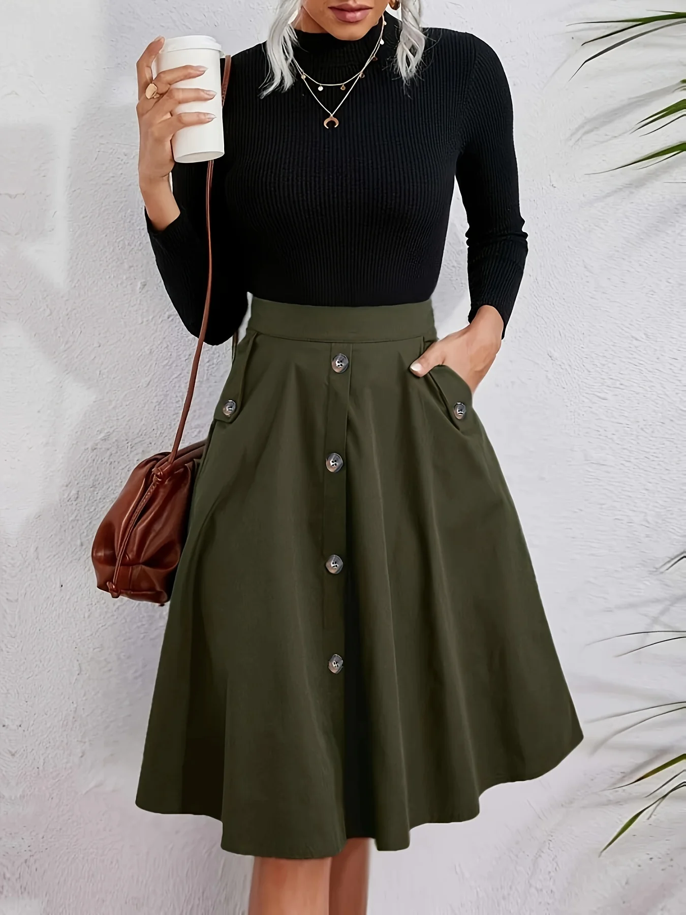 deanwangkt  Solid Button Front Pocket Ruffled Hem Skirts, Elegant Loose High Waist Flared Skirts, Women's Clothing - Deanwangkt