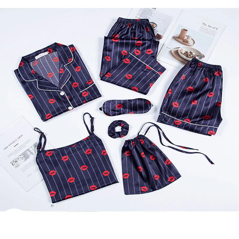 deanwangkt Pajamas Set Women Summer Sexy Flower Pyjamas Sexy Female Long Sleeve Shirt Pants Handwork Stitch Lingerie Striped Mom Sleepwear - Deanwangkt
