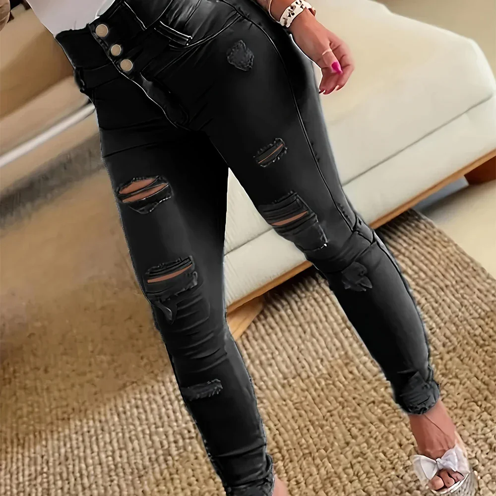 deanwangkt Ripped Holes Casual Skinny Jeans, Slash Pockets Distressed Single-Breasted Button High Waist Denim Pants, Women's Denim Jeans - Deanwangkt