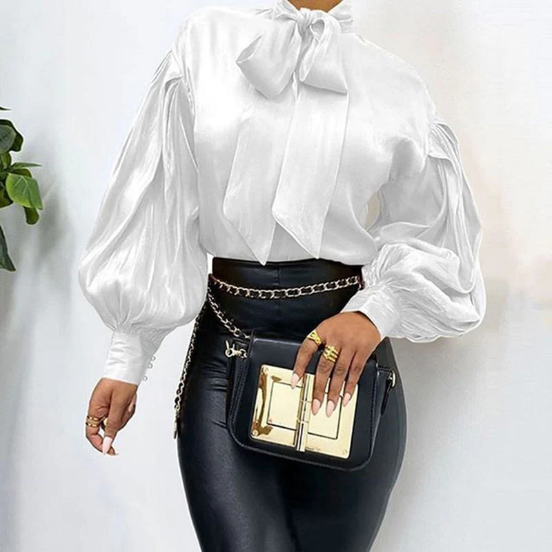 Elegant Office Women Puff Sleeve Blouses Bow Collar Solid Shirts  Fashion Casual Loose Tunic Tops Party Blusas Femme - Deanwangkt