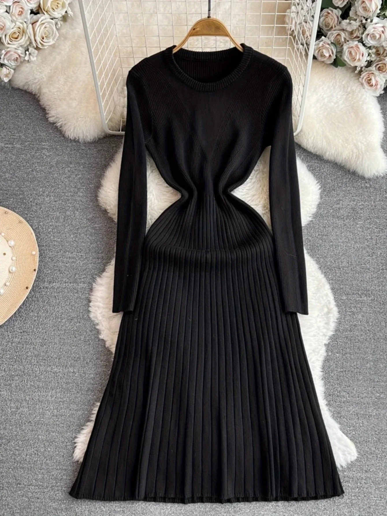 Solid Ribbed Sweater Dress, Casual Solid Long Sleeve Midi Dress, Women's Clothing - Deanwangkt