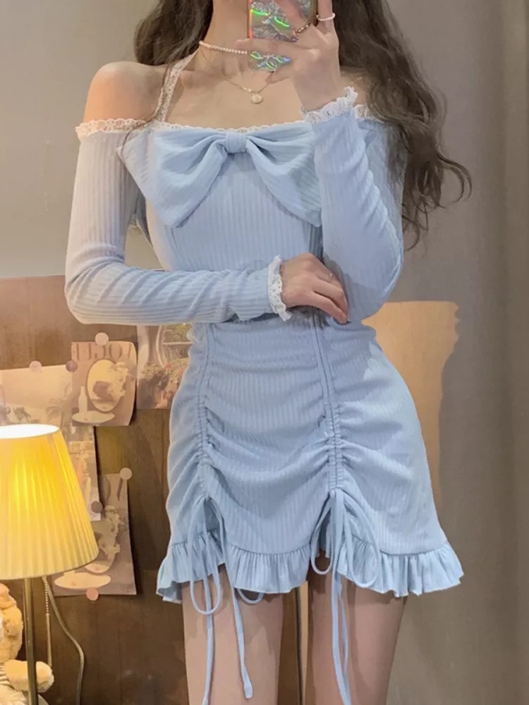 deanwangkt Korean Fashion Dresses Style Party Mini Dresses Women Strapless Sexy Kawaii Dresses Women Long Sleeve Lace Kawaii Lolita Dresses - Deanwangkt