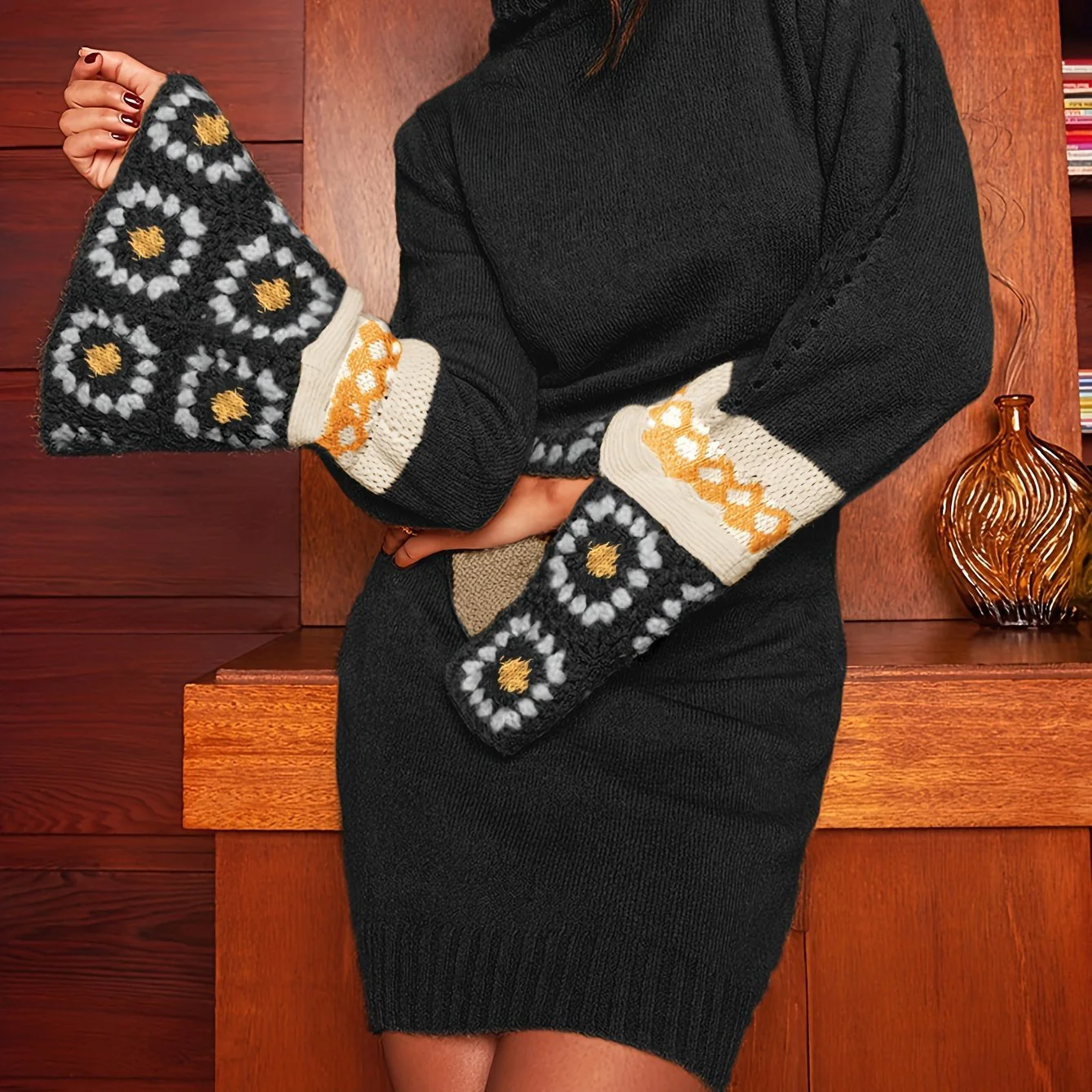 Hippie Patchwork Turtleneck Knitted Sweater Dress, Casual Flared Cuff Long Sleeve Dress, Women's Clothing - Deanwangkt