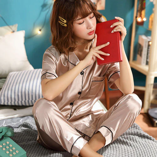 Short Sleeve Silk Pajamas Spring Women Summer Pajama Sets Silk Pijama Sleepwear Pyjamas Plus Size 3XL 4XL 5XL 85kg Nightwear Set - Deanwangkt
