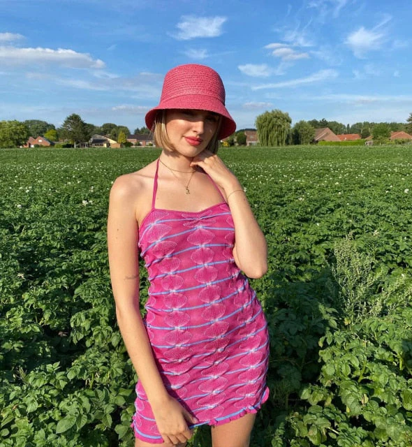 Female Beach Knitted Bodycon Dress Chic Women Elegant Lady Backless Sleeveless Bandage Halter Sundress Summer Vacation Clothing - Deanwangkt