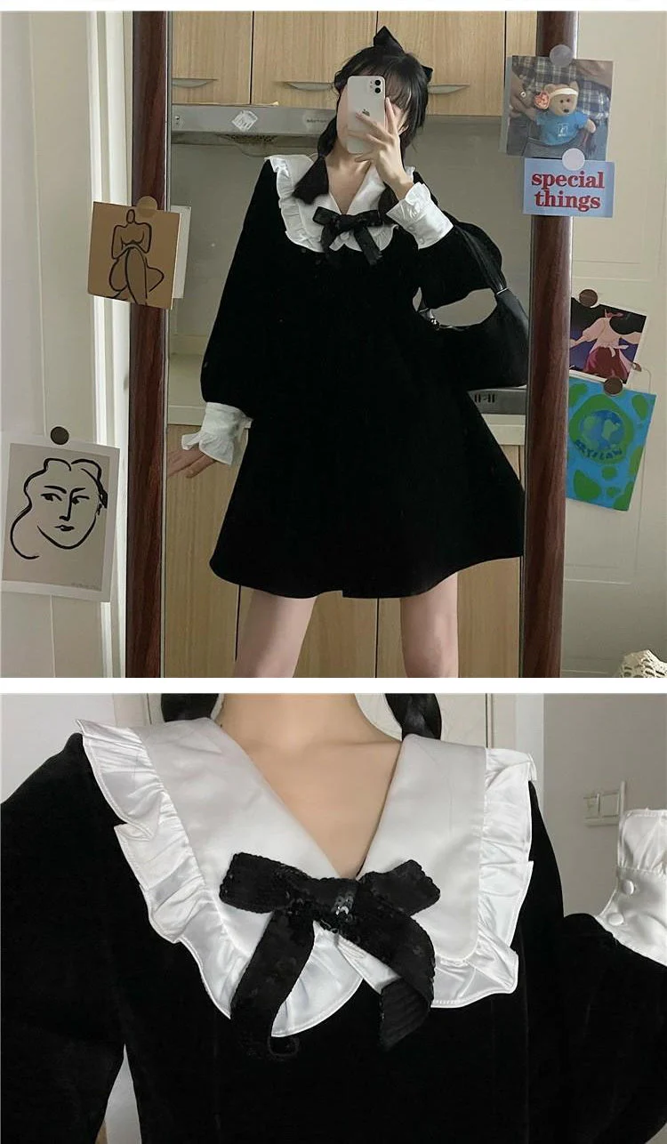 deanwangkt Kawaii Bow Dress Women Japanese Preppy Style Long Sleeve Mini Dresses Black Goth Vintage Lolita Outfits Sweet Streetwear - Deanwangkt