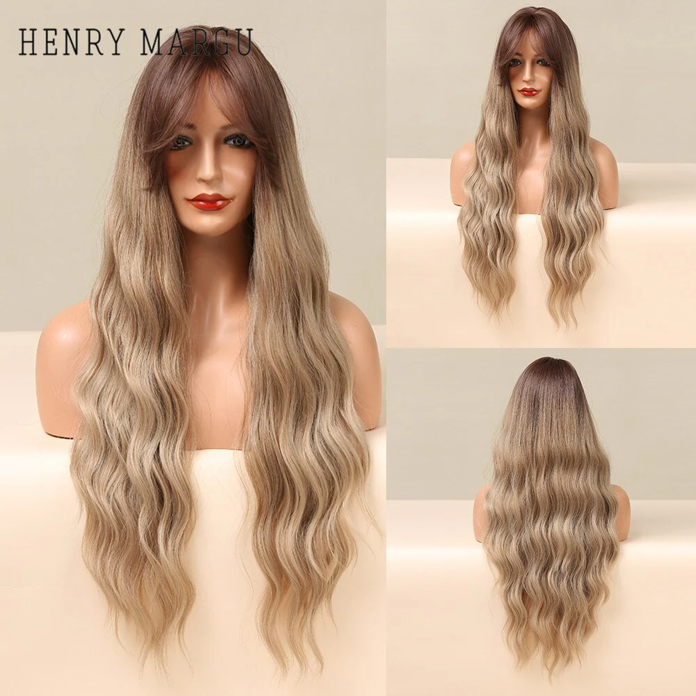 Pure Blonde Synthetic Hair Wigs Long Water Wave Wig for Women Colored Cosplay Lolita Wig with Bangs Heat Resistant - Deanwangkt