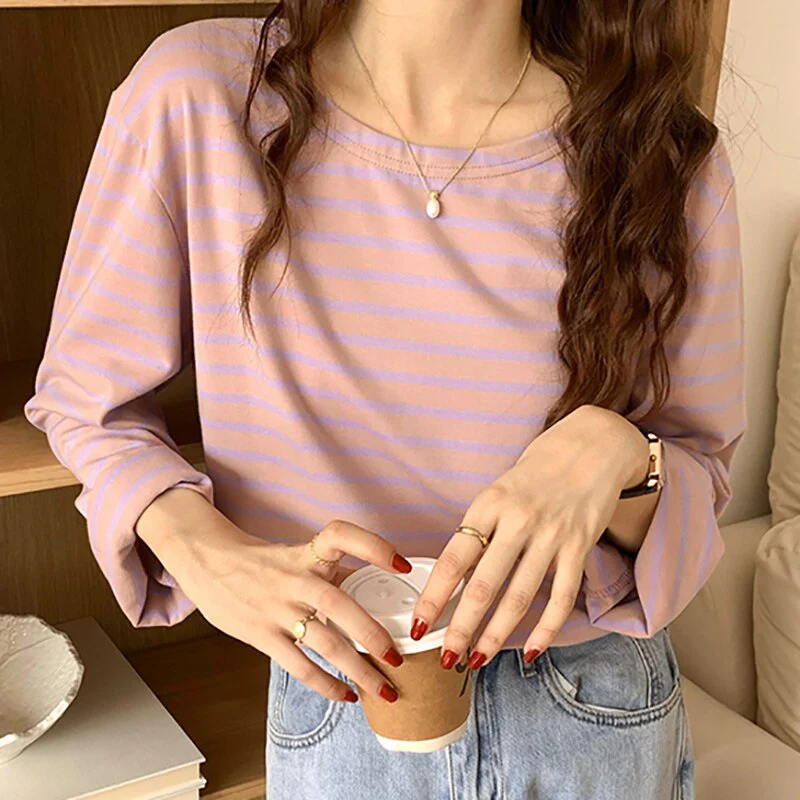 Wenkouban Women's Cotton Striped Top O Neck Loose Casual All-Match T Shirts Female Long Sleeve Basic Fashion Korean New Tees T-Shirt Femme - Deanwangkt