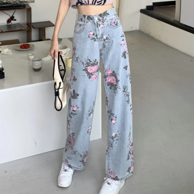 DEANWANGKT  Spring Fashion Women Rose Print Jeans Women Design Loose High Waist Straight Wide Leg Pants - Deanwangkt