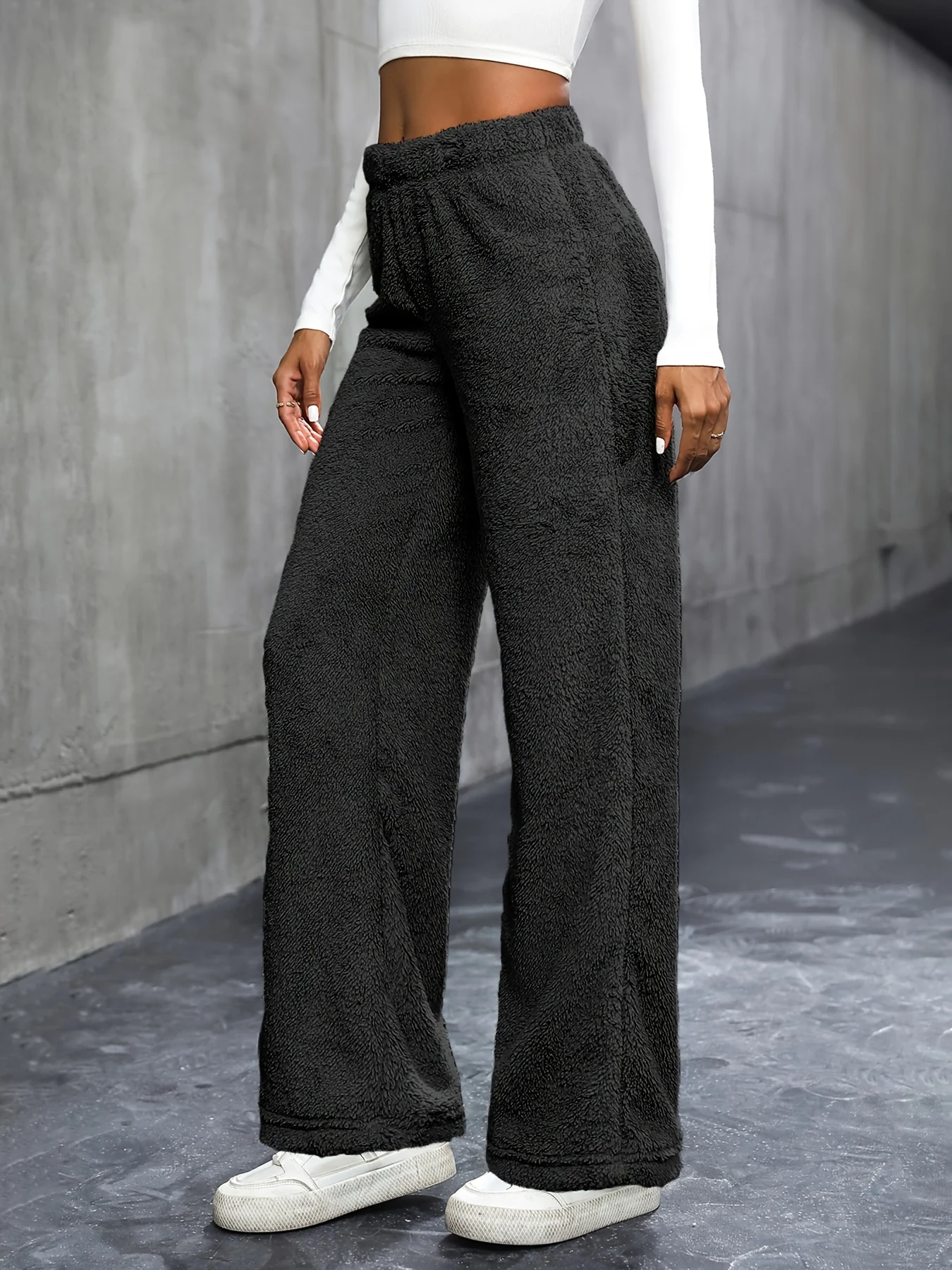 deanwangkt-1 Solid Plush Straight Leg Pants, Casual High Waist Pants, Women's Clothing - Deanwangkt