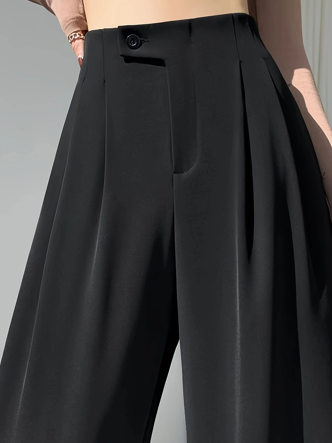 deanwangkt Solid High Waist Pants, Casual Wide Leg Button Pants, Women's Clothing - Deanwangkt