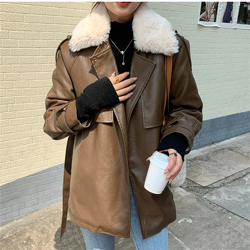 deanwangkt Leather Fur Coat Winter Jacket Women New Fall Lamb Wool Warm Locomotive Coat with Sashes Korean Fashion PU Outwear - Deanwangkt