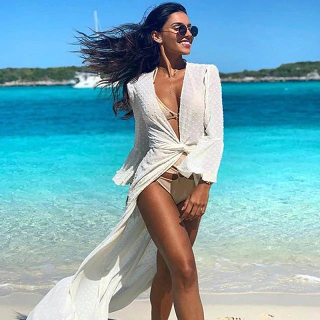 Beach Long Maxi Dress Women Beach Cover Up Tunic Pareo White V Neck Dress Robe Swimwear Beachwear Casual Dresses Vestidos - Deanwangkt