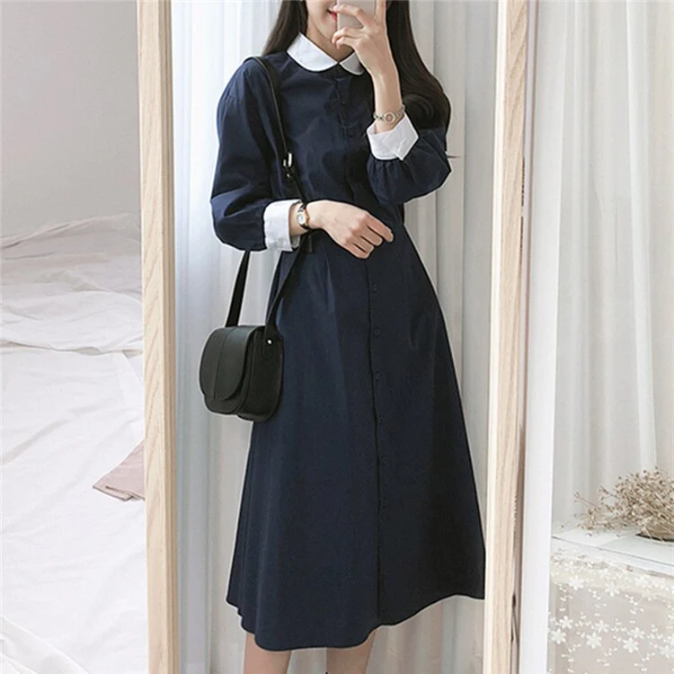 Joskka  New Spring Summer Women Dresses Fashionable Peter Pan Collar Single Breasted Vintage High Waist Casual Long Dress - Deanwangkt