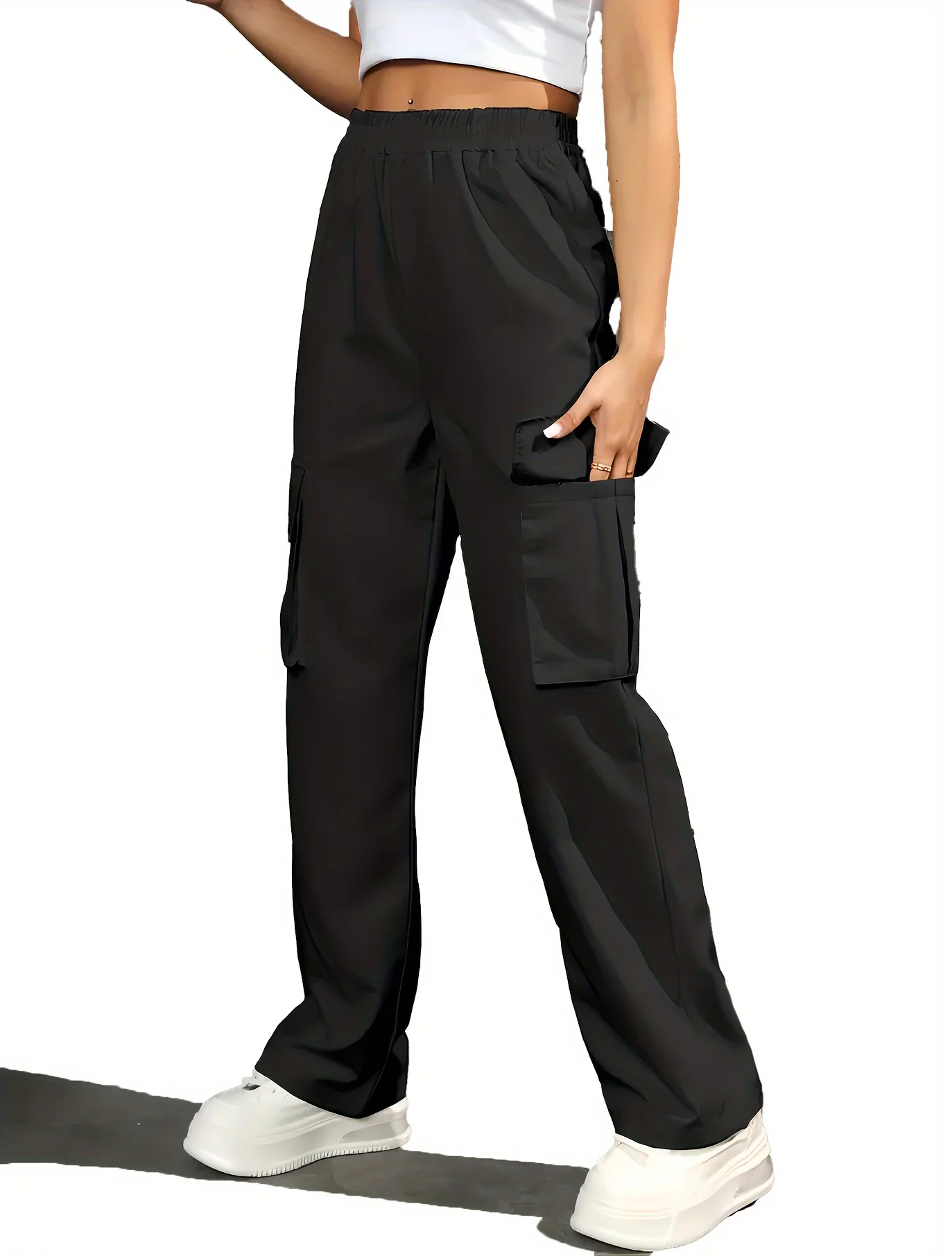deanwangkt  Straight Leg Cargo Pants, Y2K High Waist Solid Pants For Spring & Fall, Women's Clothing - Deanwangkt