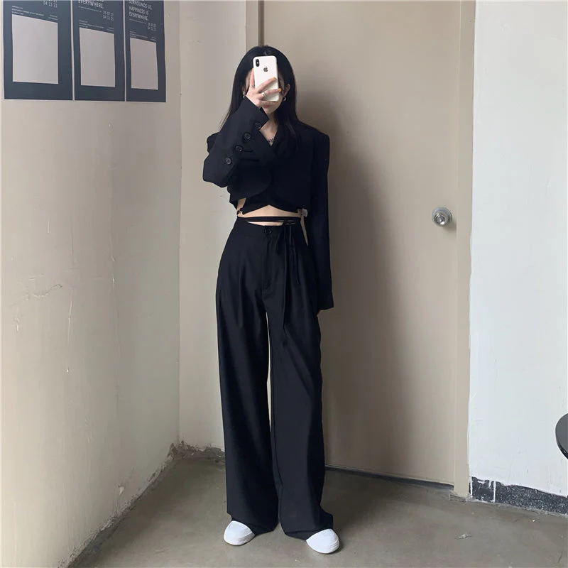 Korean summer Two Piece Set Women Crop Top Sexy Lace-up Blazer Coat + High Waist Pants Suit Sets Streetwear 2 Piece Sets Women - Deanwangkt