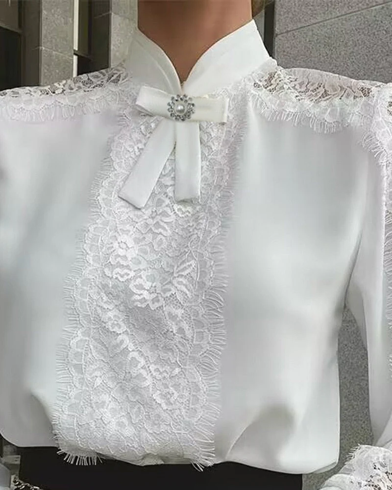 deanwangkt  Spring Blouse Women Fashion Female Shirts Lace Patchwork Blouses Office Lady Sexy Long Sleeve Tops - Deanwangkt