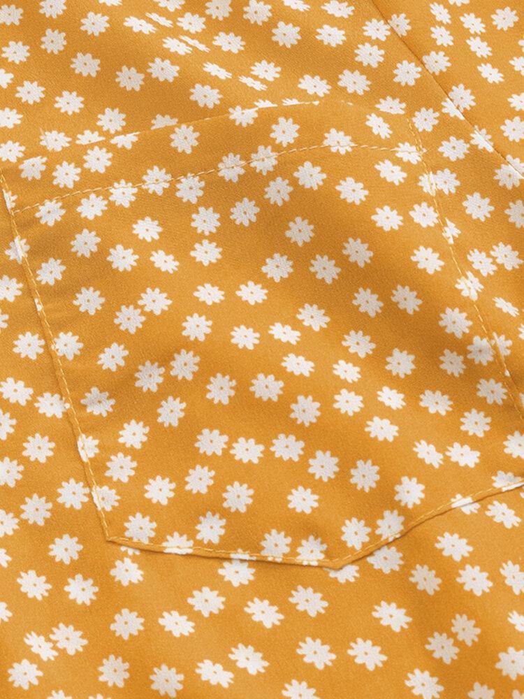 deanwangkt Women Ditsy Floral Print Button Up Long Sleeve Casual Longline Shirts - Deanwangkt