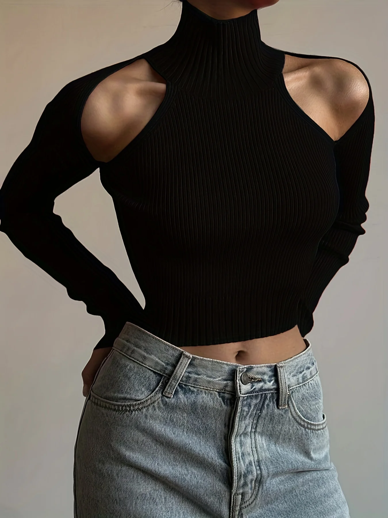 deanwangkt  Cold Shoulder Mock Neck Knitted Sweater, Casual Solid Long Sleeve Sweater, Women's Clothing - Deanwangkt