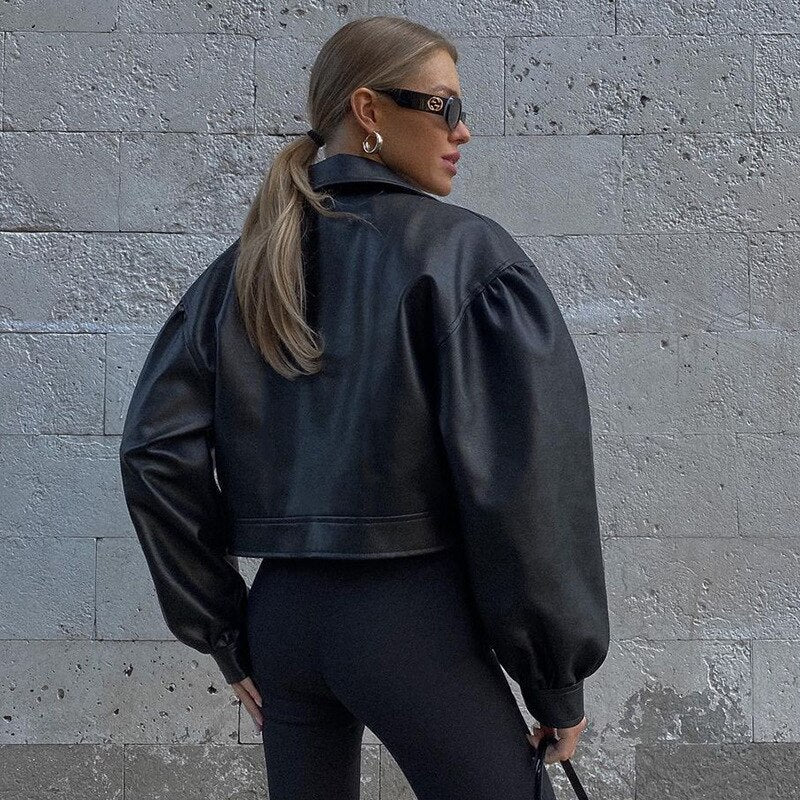 deanwangkt Y2K  Fashion PU Leather Black Jackets for Women Fall Winter Zip Up Cardigan Cropped Jackets and Coats Loose Clothes - Deanwangkt