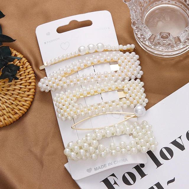 3/4/5pcs/Set Women Girls Elegant Full Pearls Geometric Hair Clips Sweet Hair Ornament Hairpin Barrette Headband Hair Accessories - Deanwangkt
