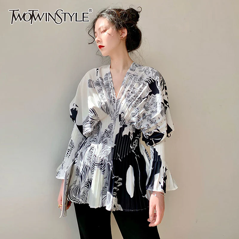 deanwangkt Elegant Women Shirt V Neck Flare Long Sleeve High Wiast Pleated Blouses For Female Clothes Fashion  Spring New - Deanwangkt