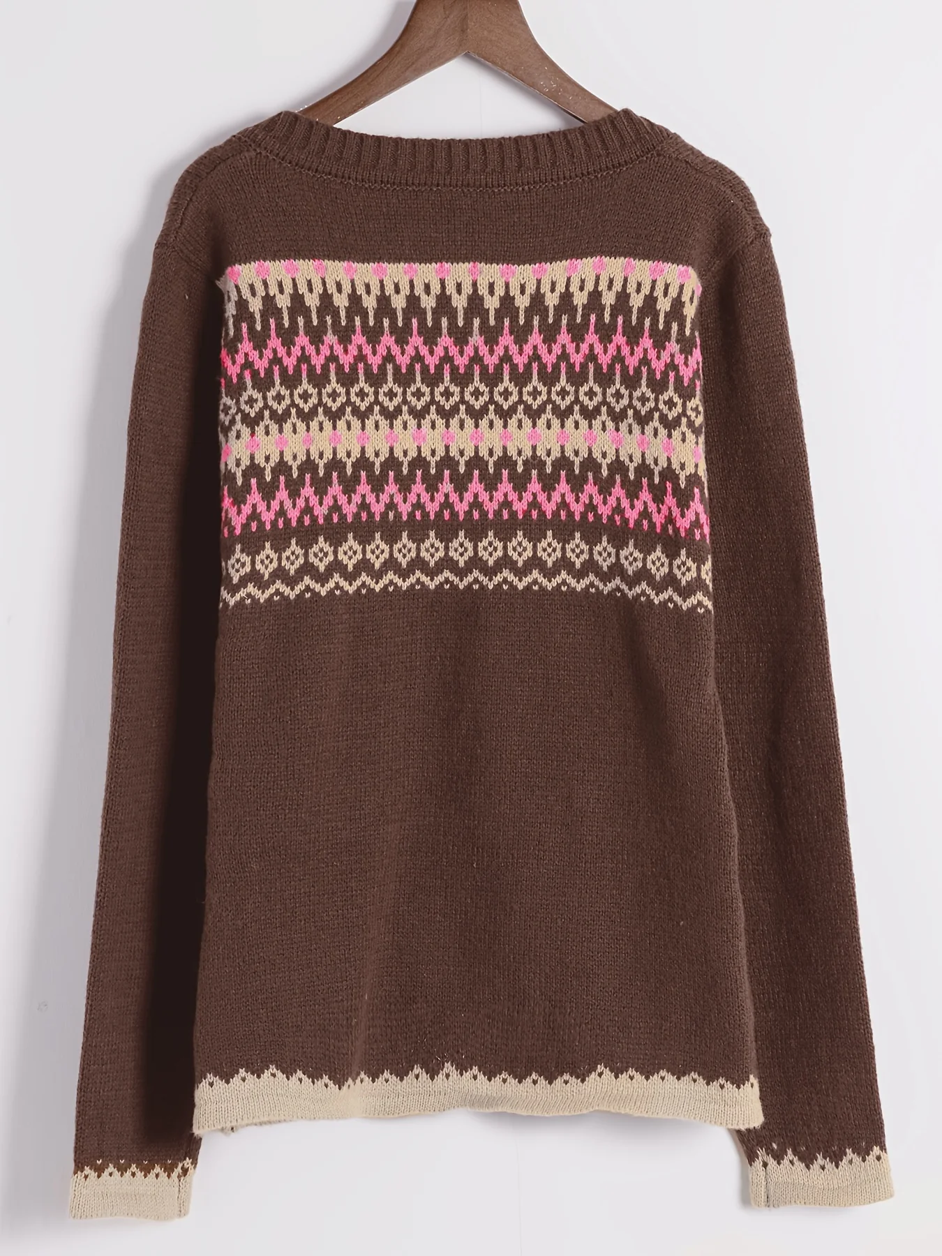 deanwangkt  Y2K Ethnic Pattern Pullover Sweater, Button Scoop Neck Long Sleeve Slim Sweater, Women's Clothing - Deanwangkt