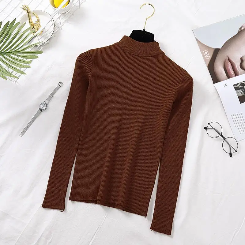 deanwangkt Autumn Women Pullover Sweater Fashion Half Turtleneck Knitted Female Jumper Long Sleeve Winter Black Soft Elastic Blouse - Deanwangkt