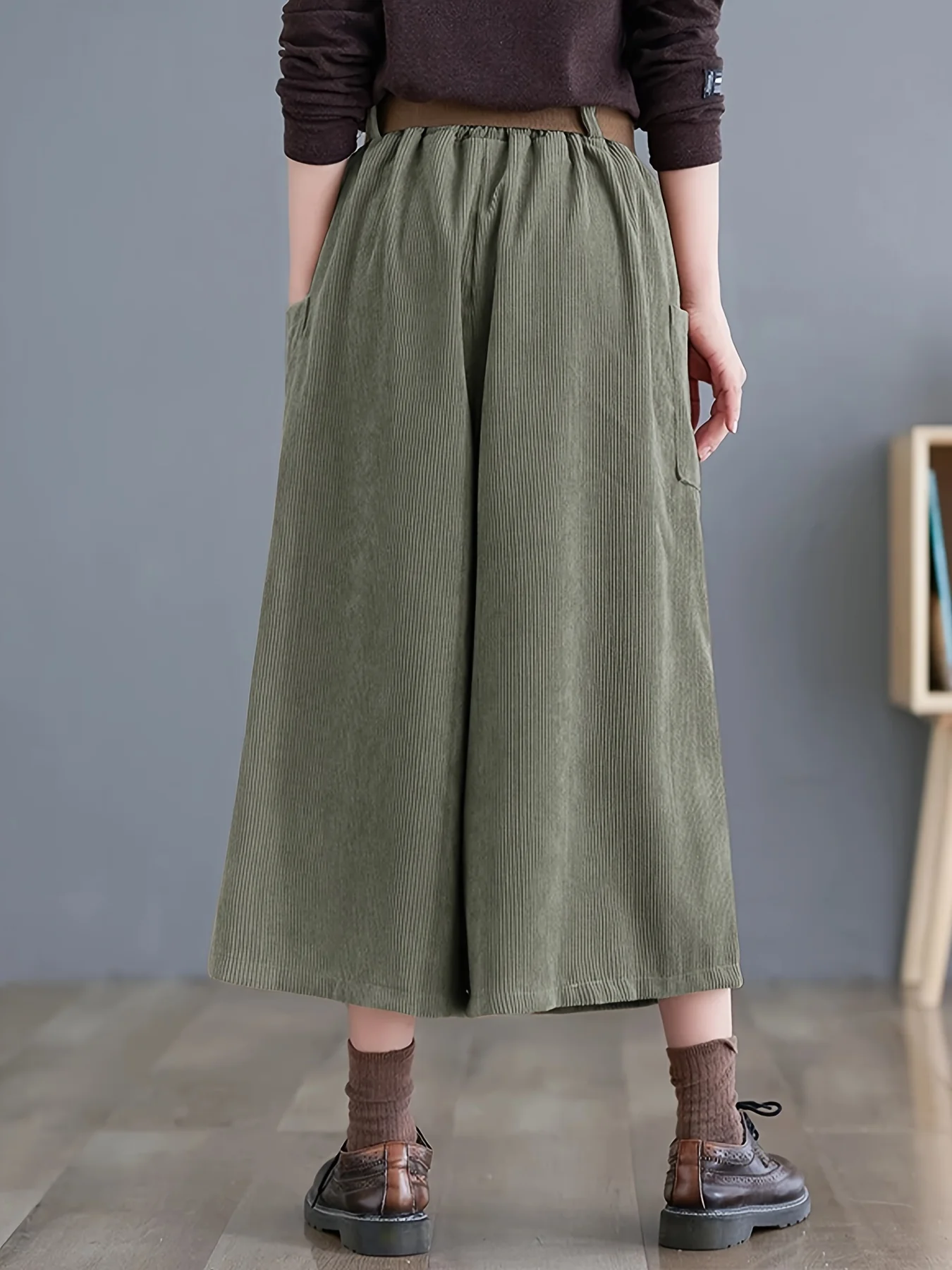 Solid Cropped Wide Leg Pants, Casual Corduroy Pants With Pocket, Women's Clothing - Deanwangkt