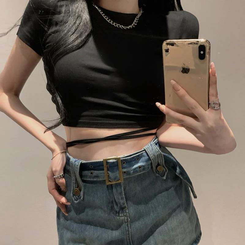deanwangkt Summer Sexy Party Short Sleeve Tops Women Backless Hollow Out  Short Crop Tops Camisoles Streetwear White Lace Up Crop Tops - Deanwangkt
