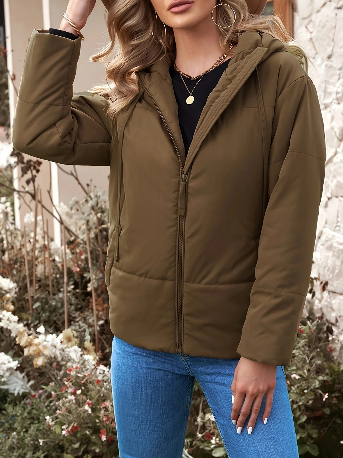 Zip Up Drawstring Coat, Casual Long Sleeve Hooded Winter Outerwear, Women's Clothing - Deanwangkt