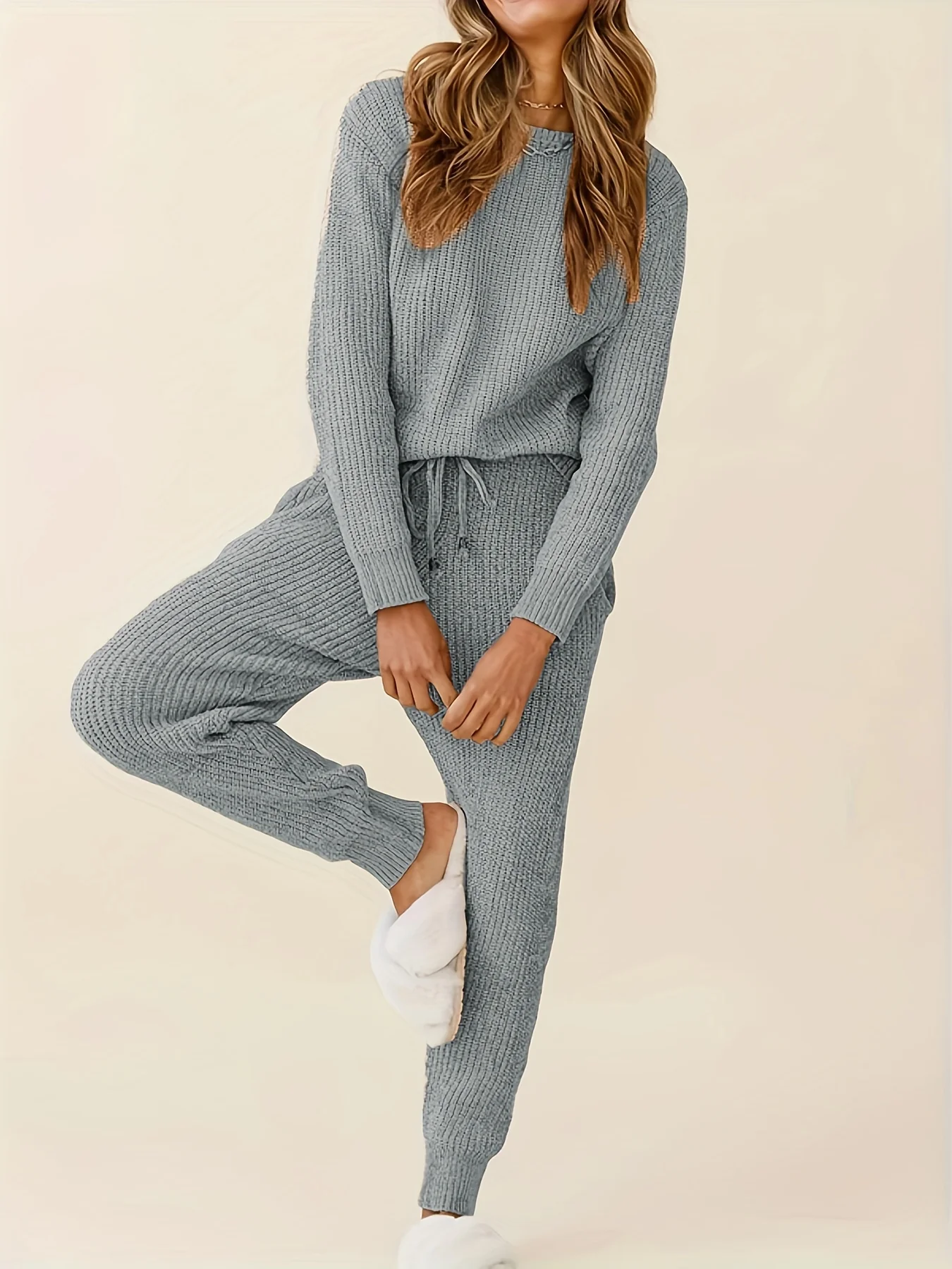 Solid Knitted Two-piece Set, Casual Long Sleeve Sweater & Drawstring Pocket Pants Outfits, Women's Clothing - Deanwangkt
