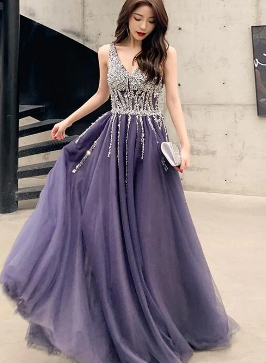 Solvbao Purple V-neckline Beaded Tulle Long Formal Dresses, Purple Evening Gown Prom Dresses - Deanwangkt