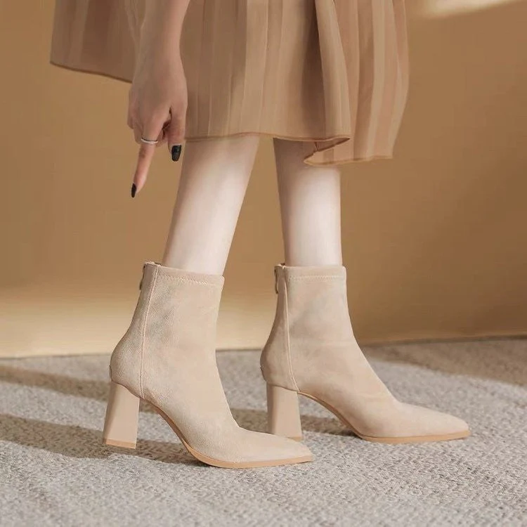 deanwangkt Shoes for Women Fashion Zipper Mid Sleeve Boots Autumn Classic Elegant Women's Boots Solid Pointed Toe Single Shoe - Deanwangkt
