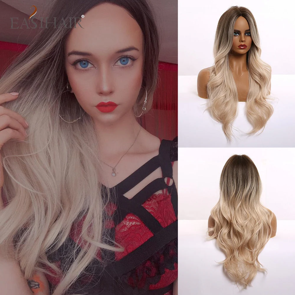 deanwangkt  Long Body Wave Wigs Ombre Black Brown Blonde Synthetic Wig Cosplay Middle Part Natural Heat Resistant Wig For Women - Deanwangkt