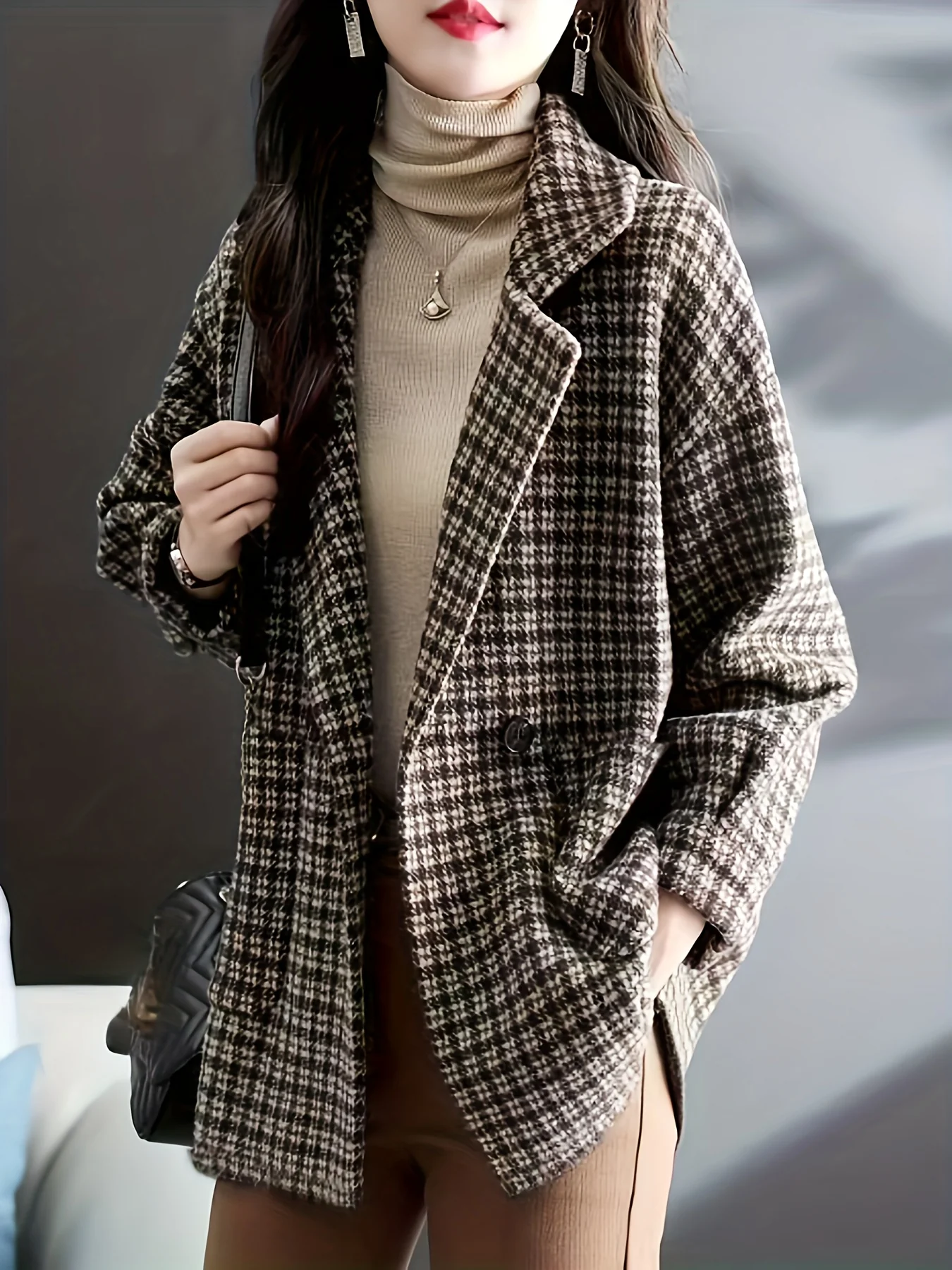 Plaid Lapel Coat, Casual Open Front Long Sleeve Versatile Outerwear, Women's Clothing - Deanwangkt