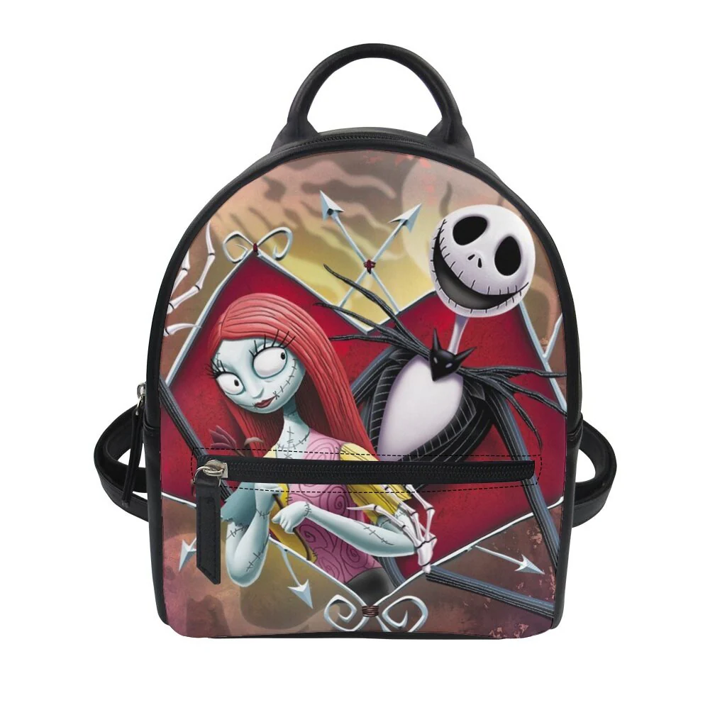 deanwangkt  Nightmare Before Christmas Print Women's Backpack Trend PU Leather Women's Waterproof  Daily Backbags - Deanwangkt