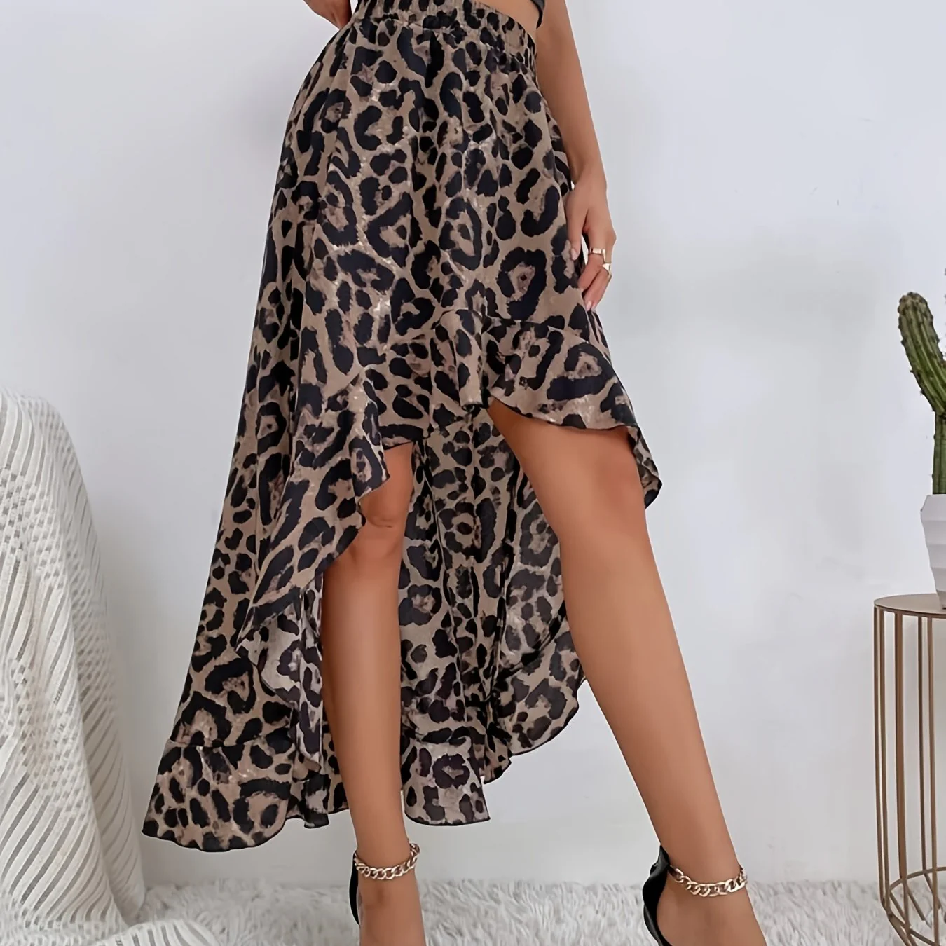 deanwangkt-1 Leopard Print Ruffled Skirt, Retro Loose Casual Skirt For Spring & Summer, Women's Clothing - Deanwangkt