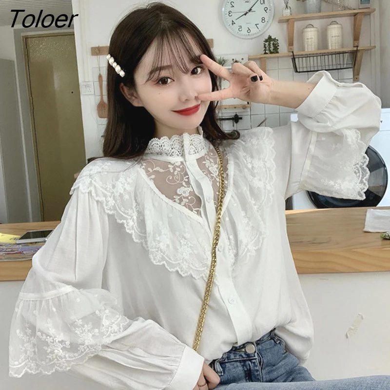 deanwangkt Vintage Chiffon Blouse Women Stand Collar Ruffles Woman Shirts Long Sleeve Lace Blouses Elegant Ladies Tops Blusas 11335 - Deanwangkt