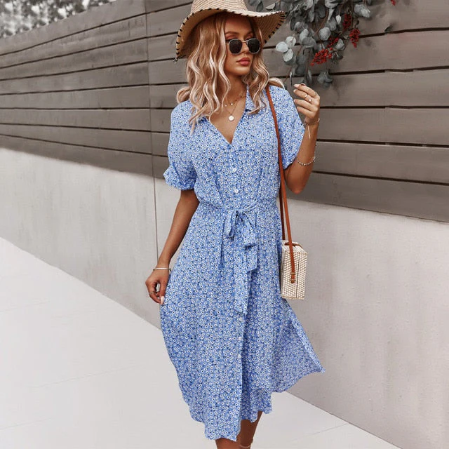 deanwangkt Beach Boho Summer Dress Shirt  Floral Vintage High Waist Dresses Women Casual Loose Single-Breasted Midi Slim Elegant Robe - Deanwangkt