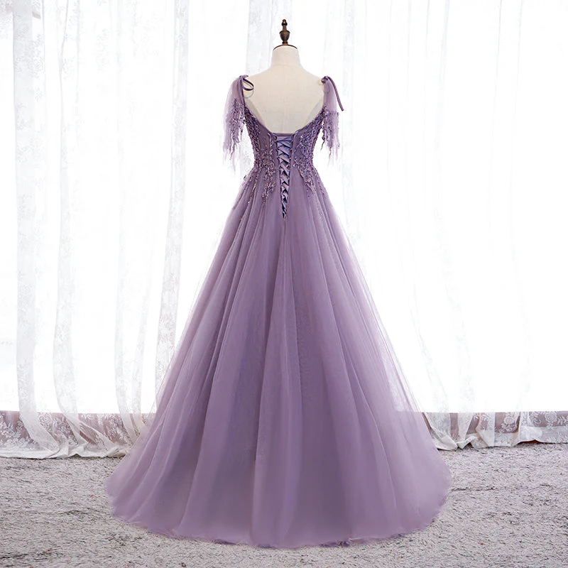 Solvbao Dark Purple V-neckline Lace Beaded Long Prom Dress, A-line Tulle Evening Dress - Deanwangkt