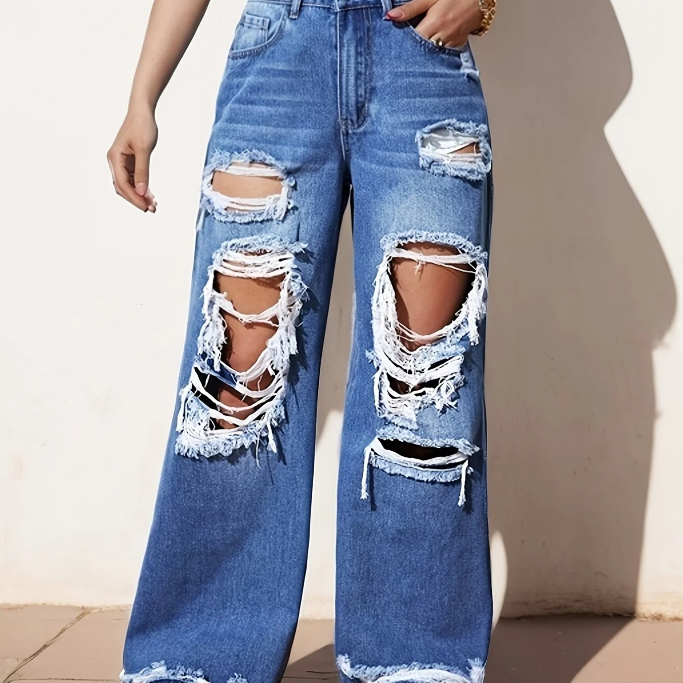Ripped Straight Leg Loose Fit Jeans, High Rise Wide Legs Distressed Denim Pants, Women's Denim Jeans & Clothing - Deanwangkt