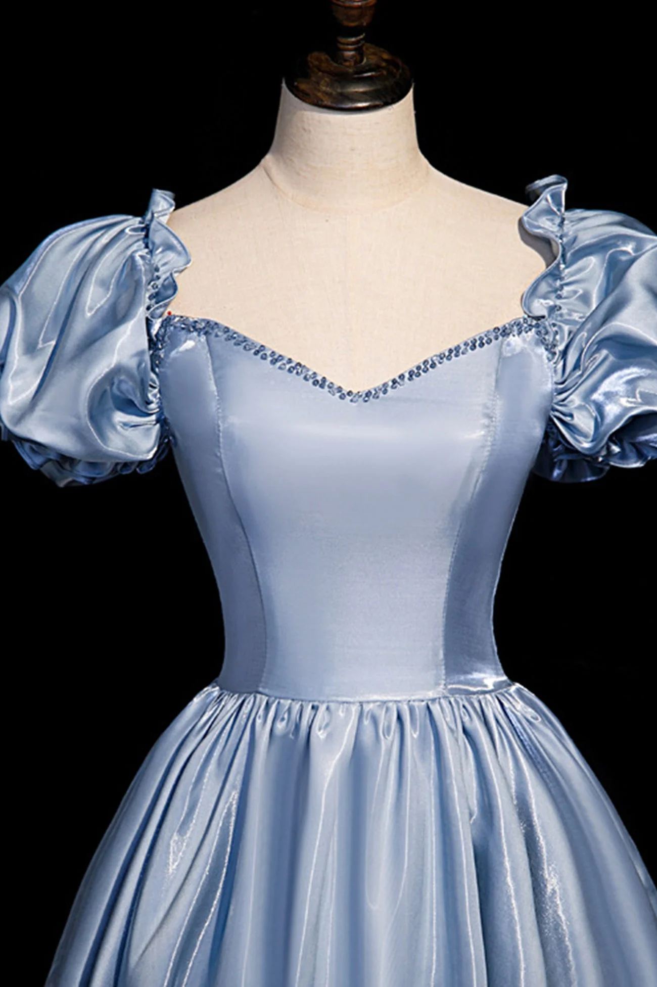 solvbao Cute Satin Long Prom Dresses, Blue Short Sleeve A-Line Evening Dresses - Deanwangkt