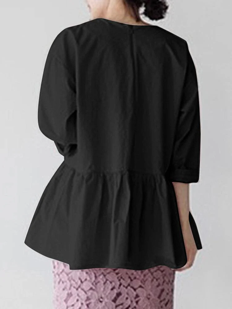 deanwangkt O-Neck Pleated Back Zipper Solid Blouse For Women - Deanwangkt